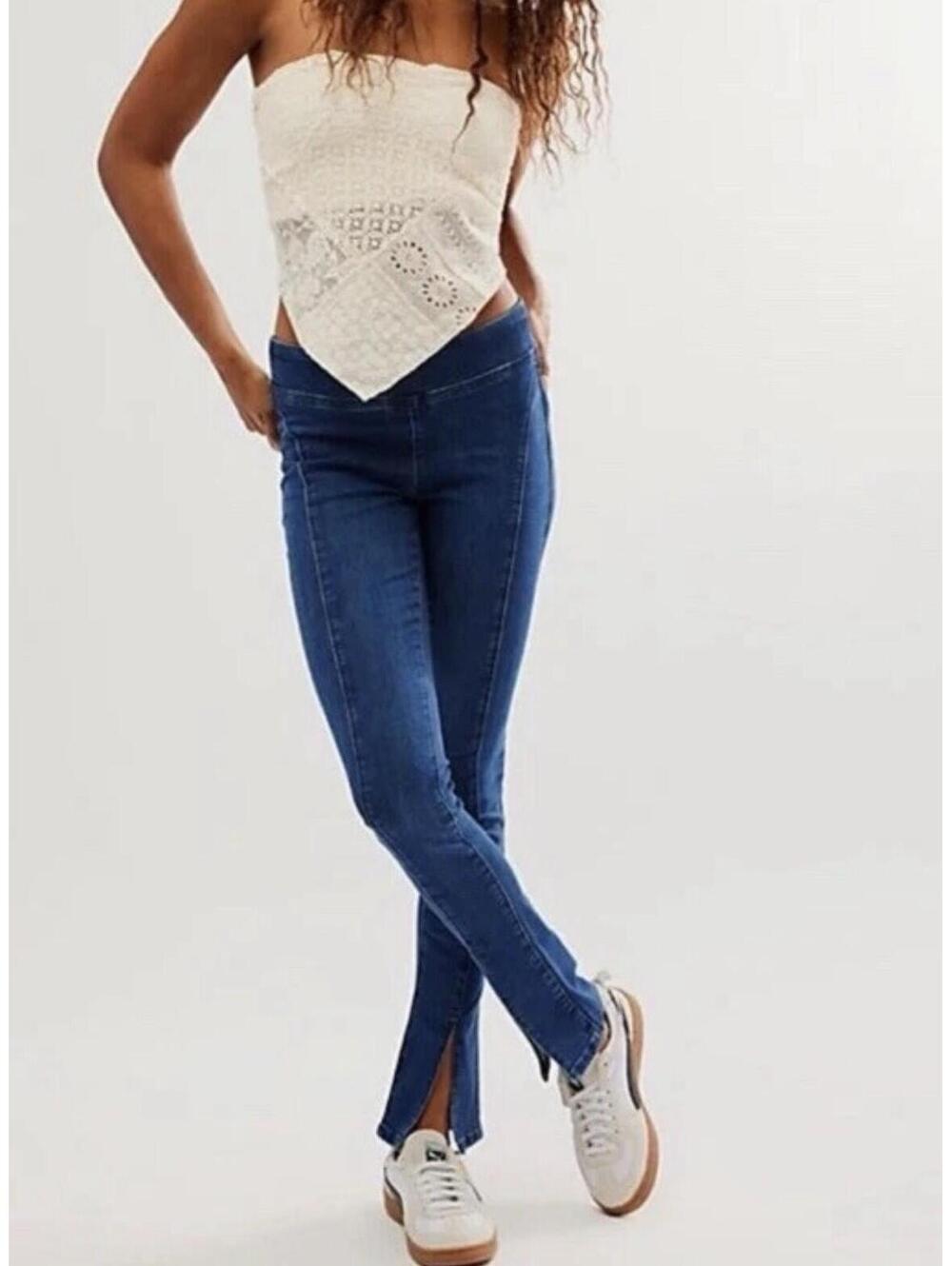 NEW Large We The Free People Double Dutch Split Skinny Jeans Medium Wash Blue